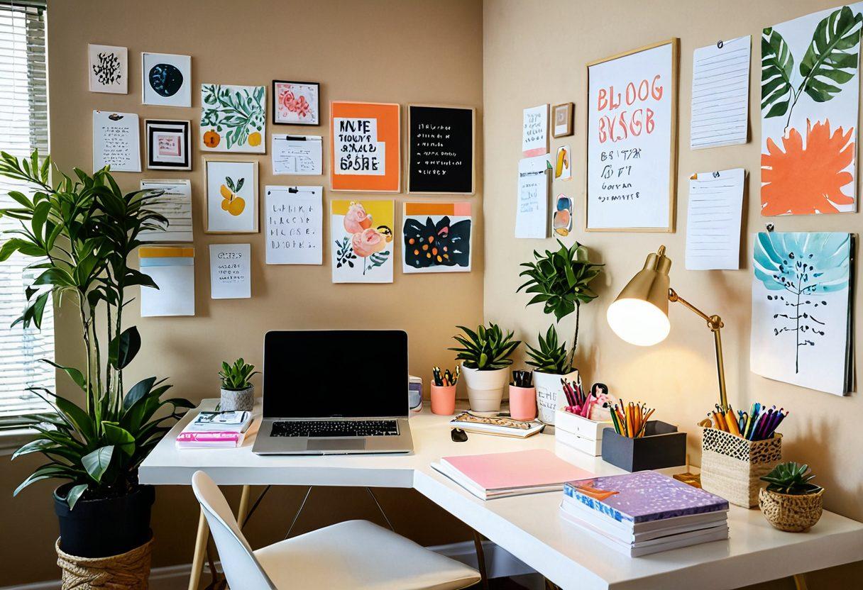 A stylish workspace featuring a tasteful desk cluttered with colorful art supplies, notepads, and a laptop displaying a beautiful blog layout. Surrounding the workspace, vibrant plants and inspirational quotes on the walls create an inviting atmosphere. Soft natural light filters through a nearby window, enhancing the chic vibe. The scene embodies creativity and engagement. super-realistic. vibrant colors. warm lighting.