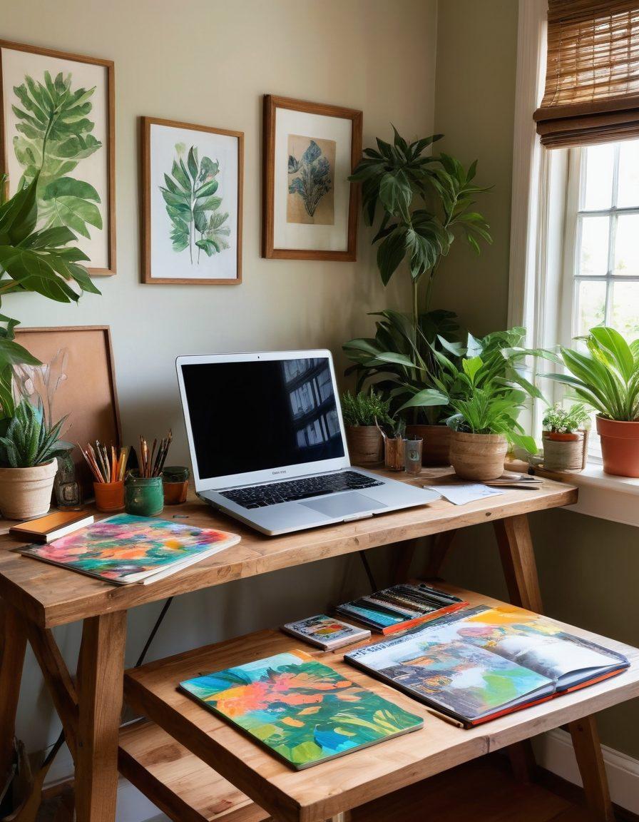 A whimsical workspace filled with colorful art supplies, an open laptop displaying a beautifully designed blog page, surrounded by inspirational art pieces and a lush plant. Soft, warm lighting illuminates the scene, inviting creativity and imagination. The aesthetic reflects a blend of modern and vintage styles, creating a cozy yet inspiring atmosphere. super-realistic. vibrant colors. soft lighting.