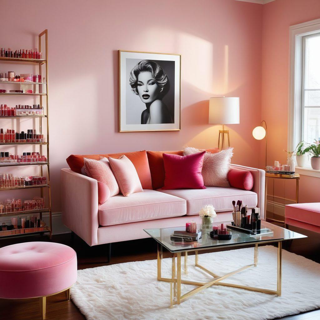 A stylish makeup artist surrounded by beauty products, seamlessly transitioning into a chic home decor scene featuring elegant furnishings and vibrant artwork, all reflecting unique personal style and creativity. Soft, warm lighting enhances the intimate atmosphere, with a glimpse of a camera capturing the moment. super-realistic. vibrant colors. light pastel background.